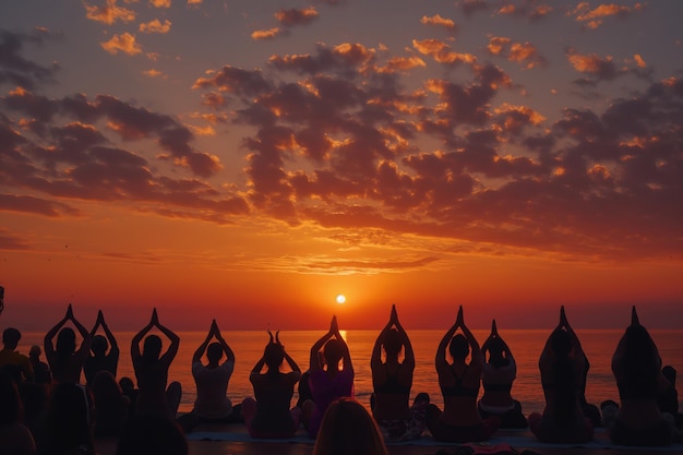 International Day of Yoga People doing yoga on beach at sunset under red sky in natural landscape