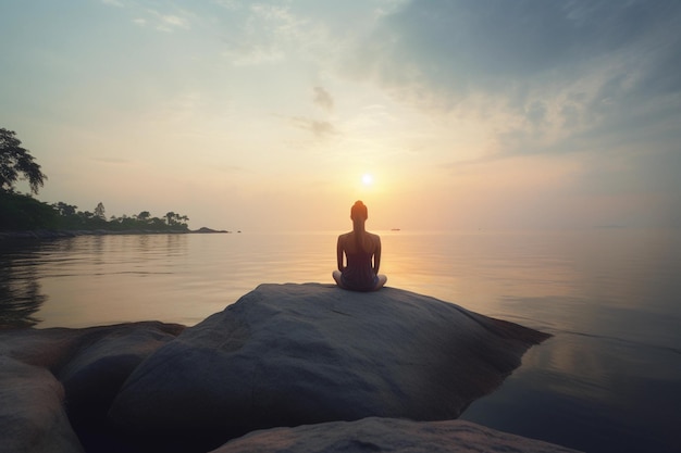 International Day of Yoga A woman sits on a rock in front of a sunset