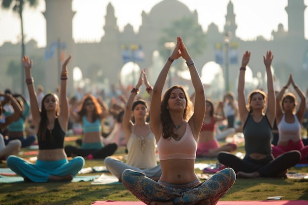 International Day of Yoga Women practicing yoga near a mosque as a leisure activity in the city