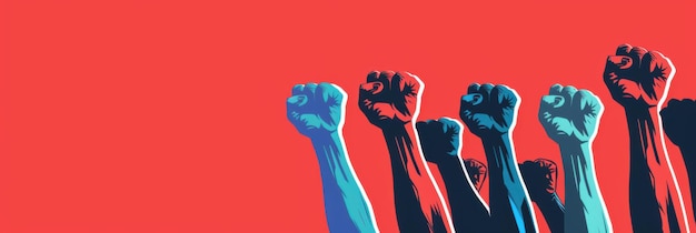 International democracy day Horizontal banner Raised hands clenched into fists on a red background Free space for text copy space