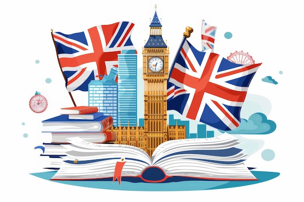 Photo international english language day poster with uk flag on books and city background 3d illustration