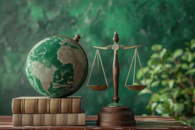 International Environmental Law Green Globe with Justice Scales and Gavel