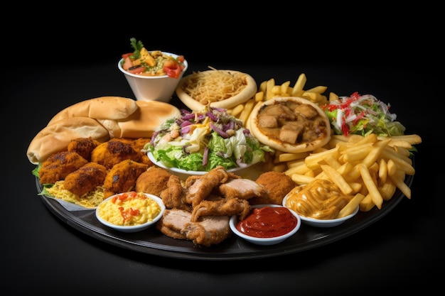 International fast food mashup with fusion of different cuisines on one plate