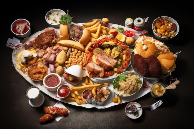 International fast food mashup with fusion of different cuisines on one plate