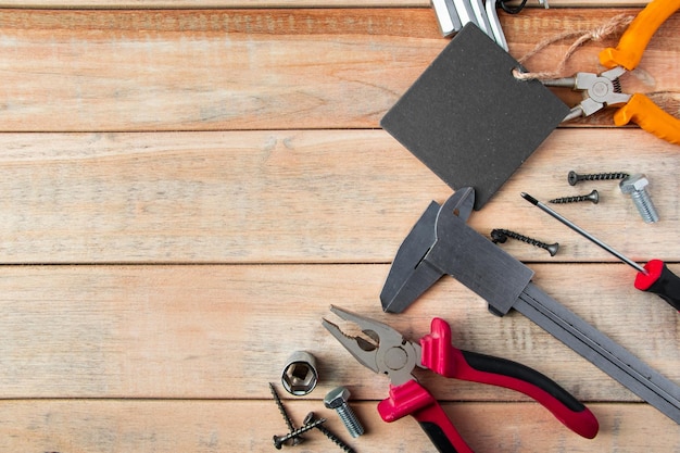 International Father's Day Greeting card concept Set of construction tools on a wooden background