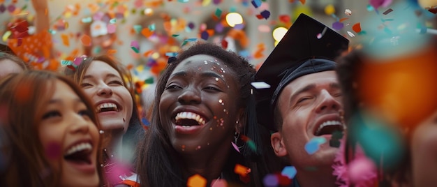 Photo international friends celebrating in graduation attirequot