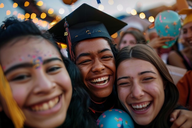 Photo international friends celebrating in graduation attirequot