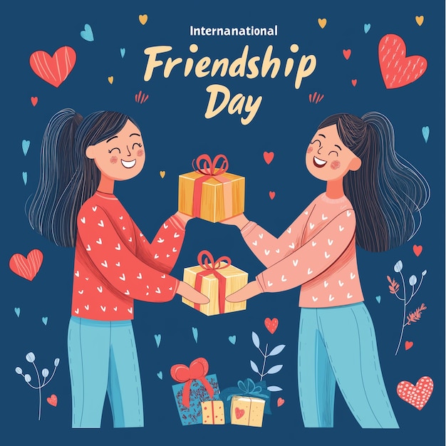 Photo international friendship day illustration of two friends exchanging gifts