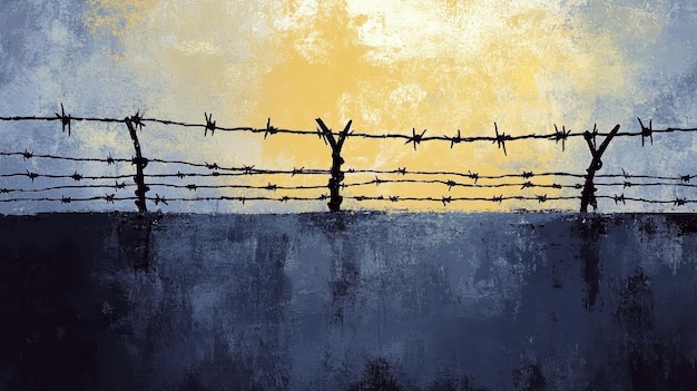 International Holocaust Remembrance Day High wall fenced with barbed wire against dawn Yom Hashoa Horizontal banner Free space for text Flat illustration