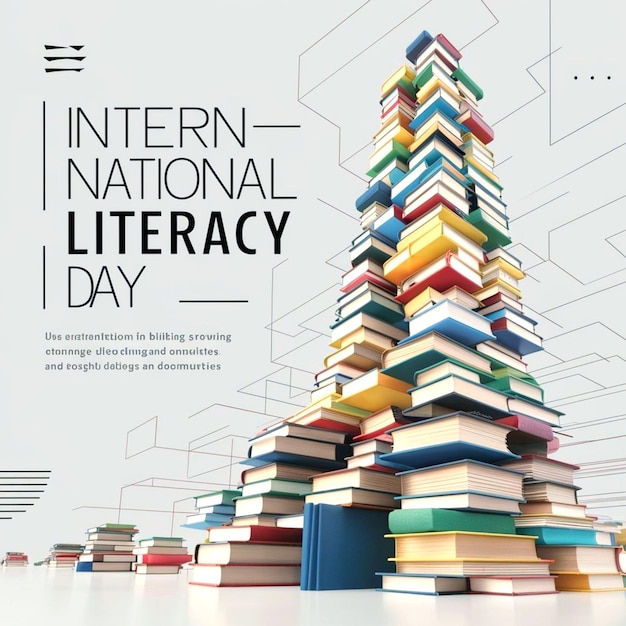 International literacy day poster banner with books background