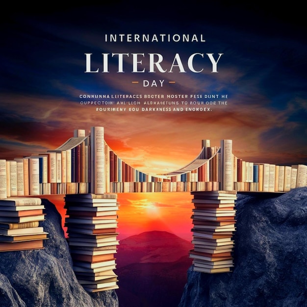 International literacy day poster banner with books background