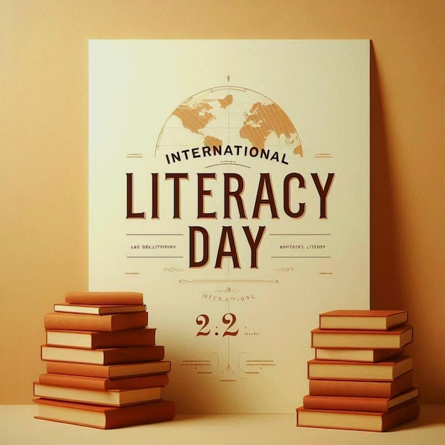 Photo international literacy day poster banner with books background