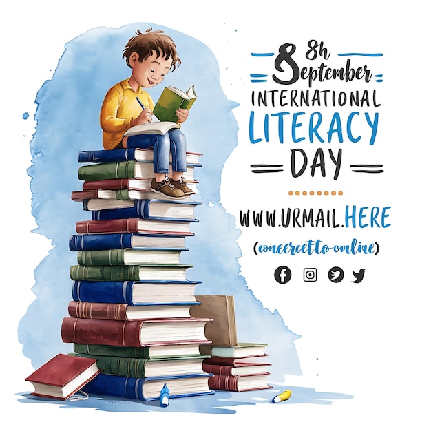 Photo international literacy day with books globe ink pen isolated on yellow background