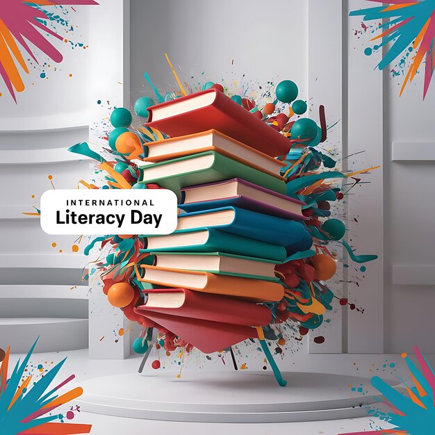 Photo international literacy day with books globe ink pen isolated on yellow background