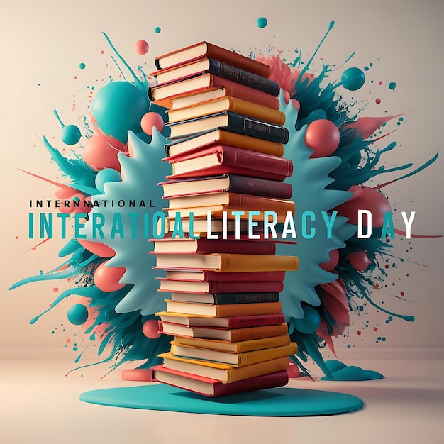 Photo international literacy day with books globe ink pen isolated on yellow background