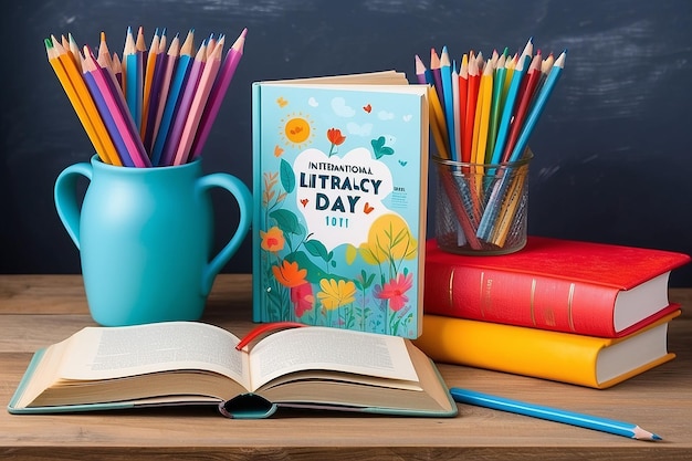 Photo international literacy day with books and pencils