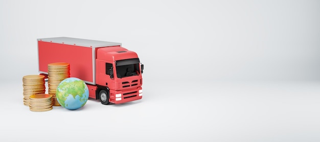 International logistic and global delivery concept with red truck golden coin stacks and earth planet layout on blank white background with copyspace for your text 3D rendering mockup