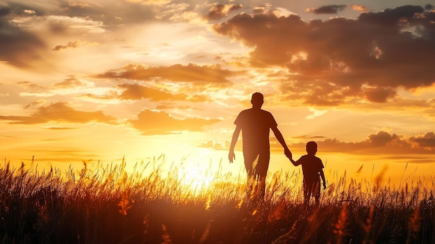 International migrants day concept Silhouettes of father and son holding hands on meadow at sunset