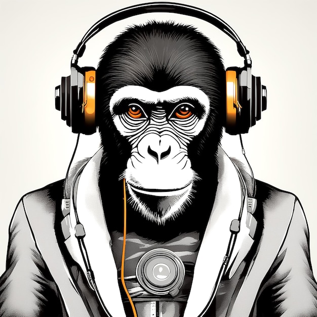 International Music Day futuristic monkey with headphones forest background