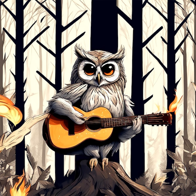 International Music Day an owl plays a guitar and sings by a near bonfire in the middle of a summer