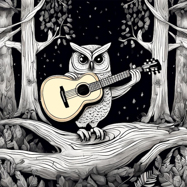 International Music Day an owl plays a guitar and sings by a near bonfire in the middle of a summer