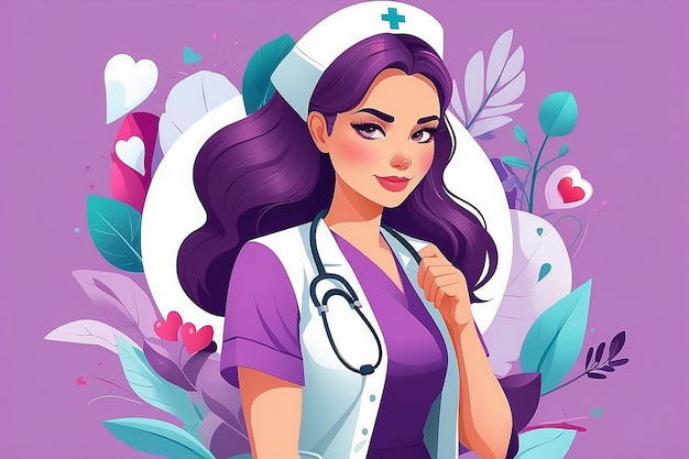 International Nurses Day vector in purple May 12th International Nurses Day thank you card Nurse as a super hero character