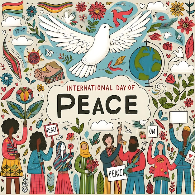 Photo international peace day a colorful poster with a peace of peace and the word peace