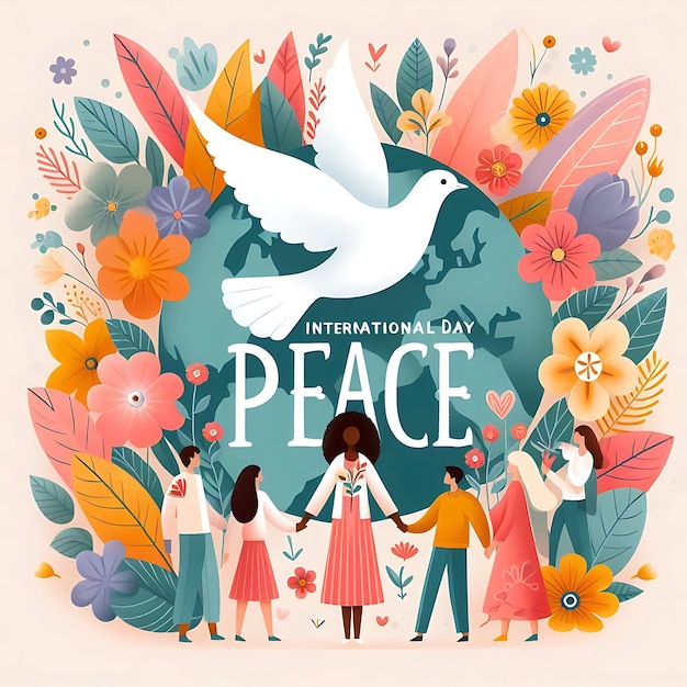 Photo international peace day a poster of a family with a dove and flowers