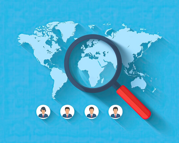 International recruitment magnifying glass over world map flat design illustration