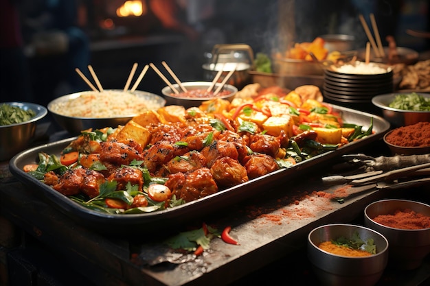 International Street Food Culinary diversity from around the world Meat dish with spices served on the metal tray