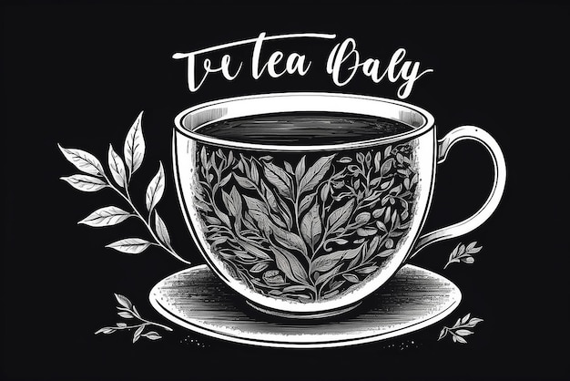 Photo international tea day quote hand drawn vector logo with lettering typography and cup of black tea