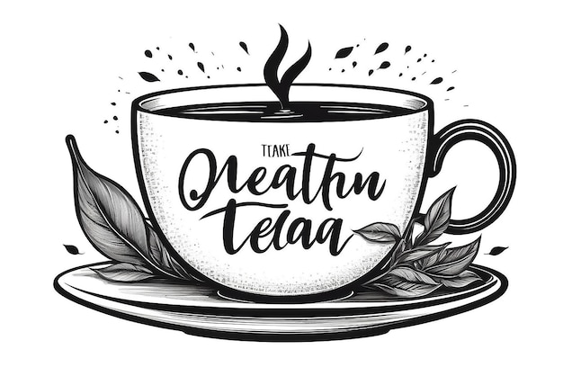 Photo international tea day quote hand drawn vector logo with lettering typography and cup of black tea