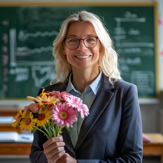 International teacher s day background with Smiley teacher holding flowers