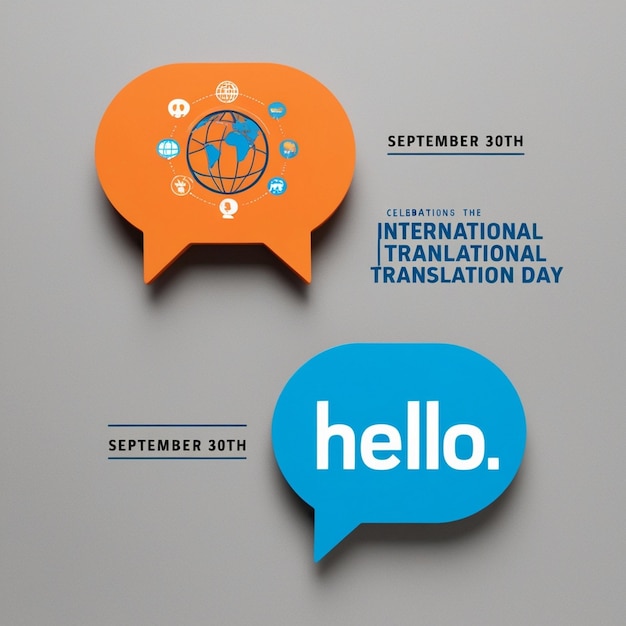 Photo international translation day logo features a blue speech bubble with a globe and a red speech bubbl