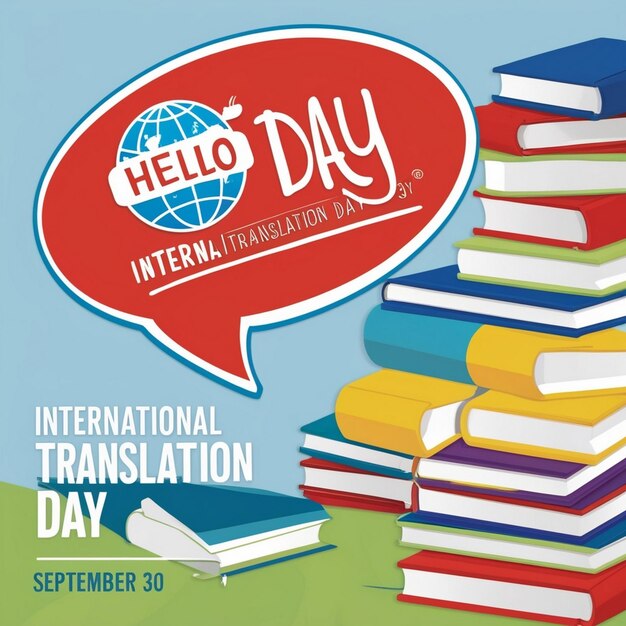 Photo international translation day logo showcases blue speech bubble with globe and red speech icon