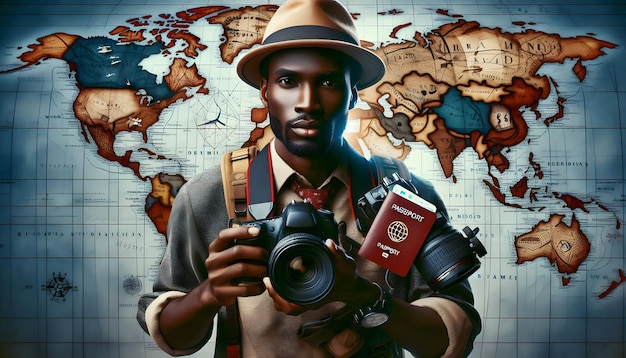 International Travel Photography Person with DSLR Camera Passport and Map Overlay for Photo Reali