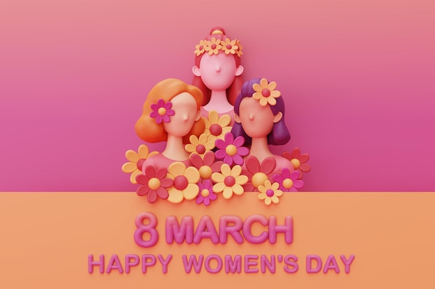 International Women's Day 8 march A group of beautiful women with different beauty hair and skin color femininity diversity Mother's Day 3d rendering