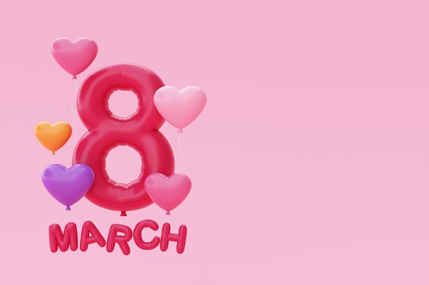 Photo international women's day 8 march number 8 with female sign balloons floating on pink background mother's day 3d rendering