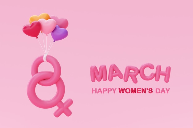 Photo international women's day 8 march number 8 with female sign balloons floating on pink background mother's day 3d rendering