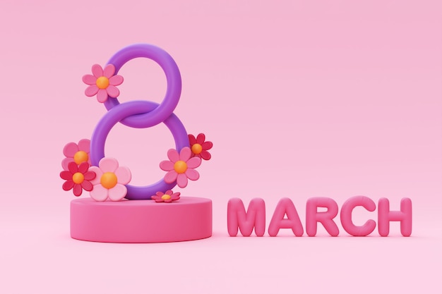 Photo international women's day 8 march number 8 with flowers on pink background mother's day 3d rendering