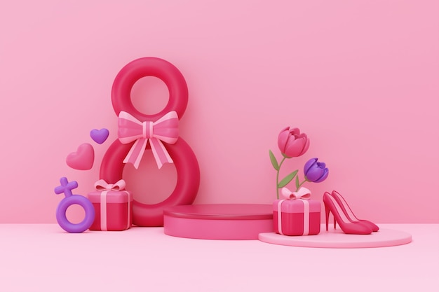 Photo international women's day 8 march podium display with female sign gift box hearts and flowers on pink background mother's day 3d rendering