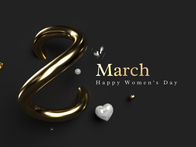 International Women's Day background. Golden metal number 8 with hearts. 