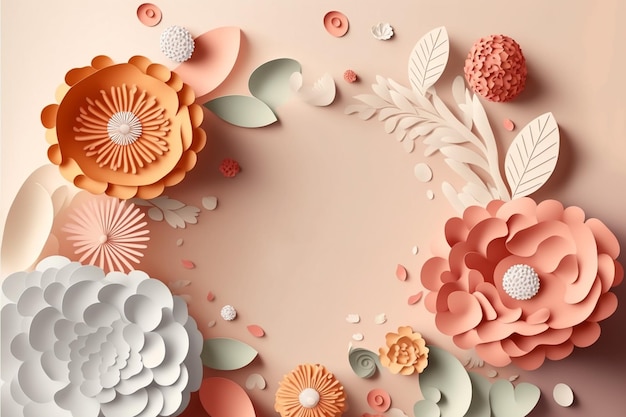 International women's day Various paper flowers on cream background with generative ai technology