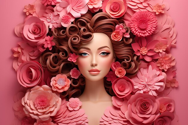 International womens day concept with beautiful floral on pink paper female