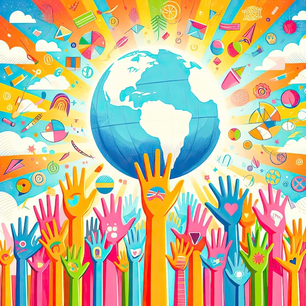 International youth day background with colorful hands