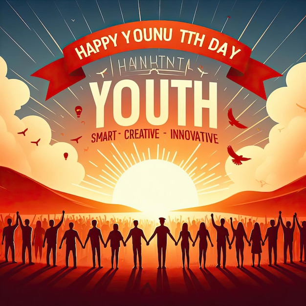 International Youth Day poster banner vector illustration with group of people