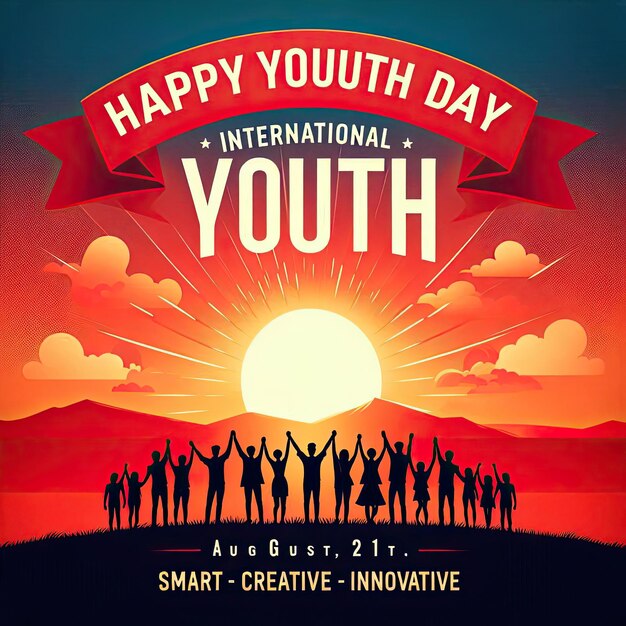 International Youth Day poster banner vector illustration with group of people