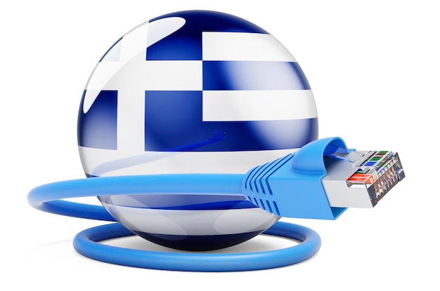 Internet connection in Greece Lan cable with Greek flag 3D rendering