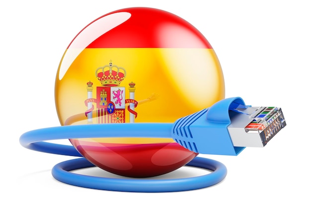 Internet connection in Spain Lan cable with Spanish flag 3D rendering