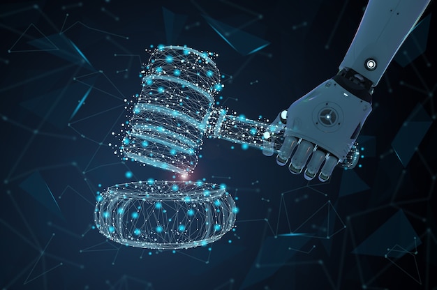 Photo internet law concept with 3d rendering ai robot with gavel judge